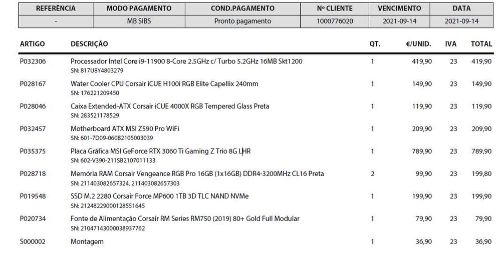 PC Gaming Core I9 RTX3060Ti 32GB Ram 1TB Disco Water Cooler