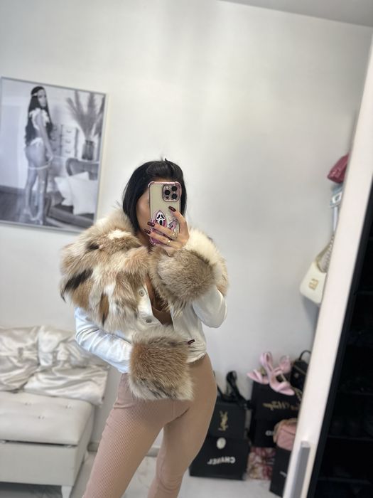 Kamizelka z lisem naturalnym kurtka futro naturlane biala bezowa