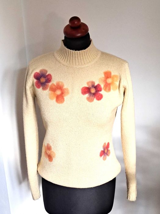 Bawełniany kremowy sweter flokowane kwiaty vintage fairy cotton S/M