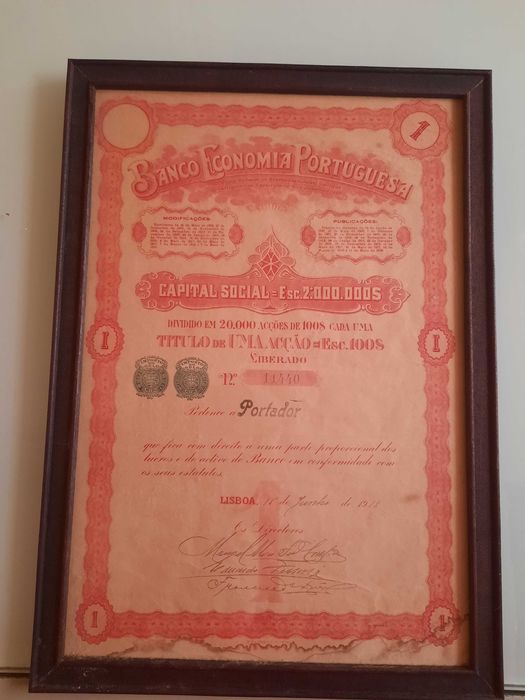 Titulo/ acção bancaria emoldurado-Reliquia para colecionadores