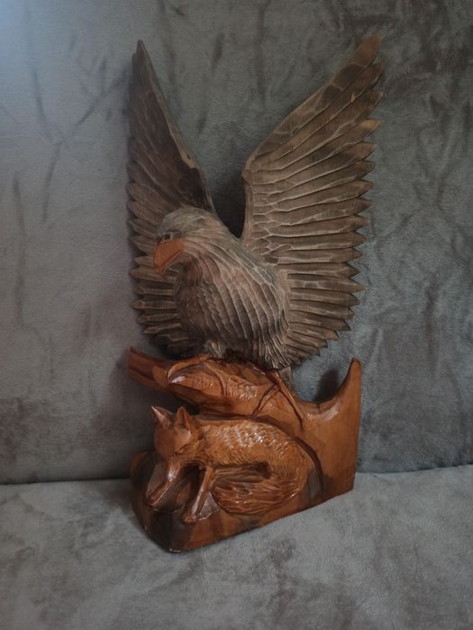 Rzeźba w drewnie, Orzeł i lis. Vintage PRL