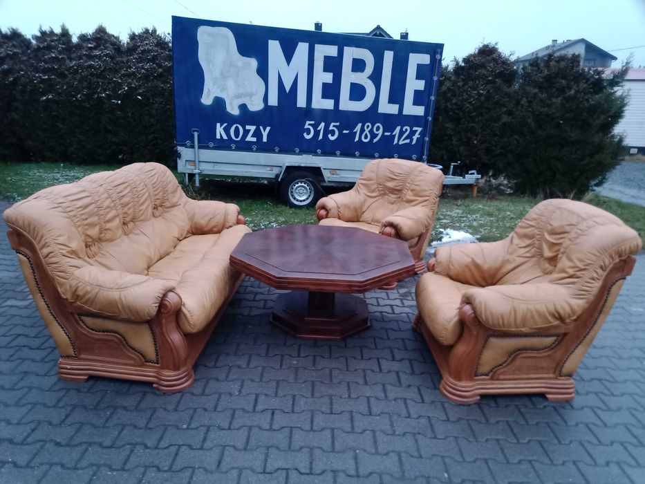 Komplet Wypoczynkowy VANILLA   3+1+1 i Stolik  , dąb - Skóra Wanilia