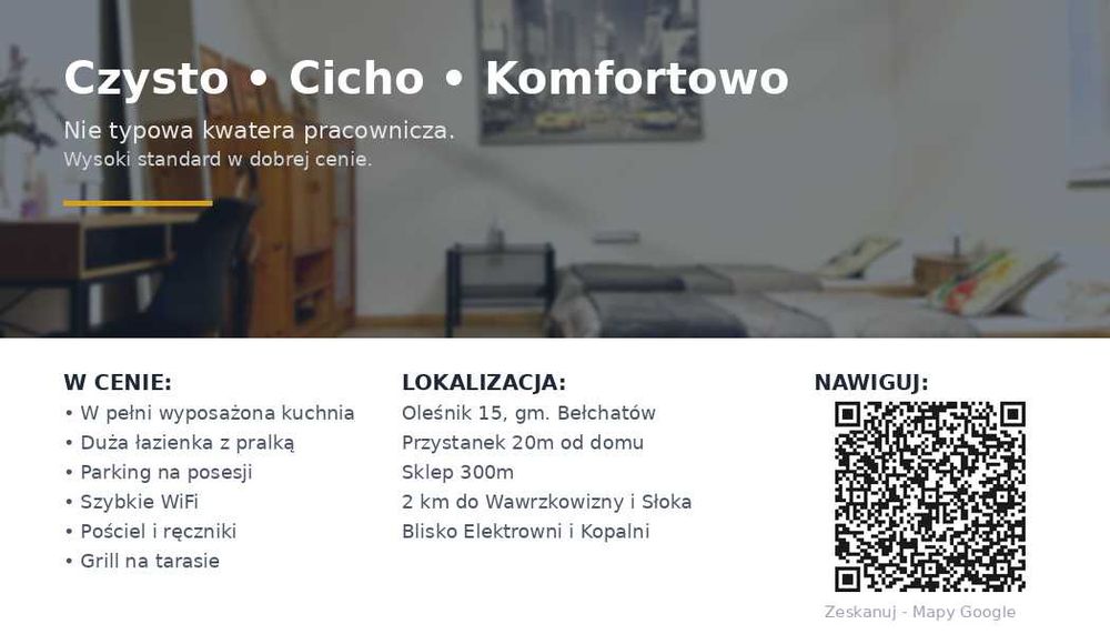 Kwatera pracownicza, pokoje do wynajęcia Oleśnik gm. Bełchatów