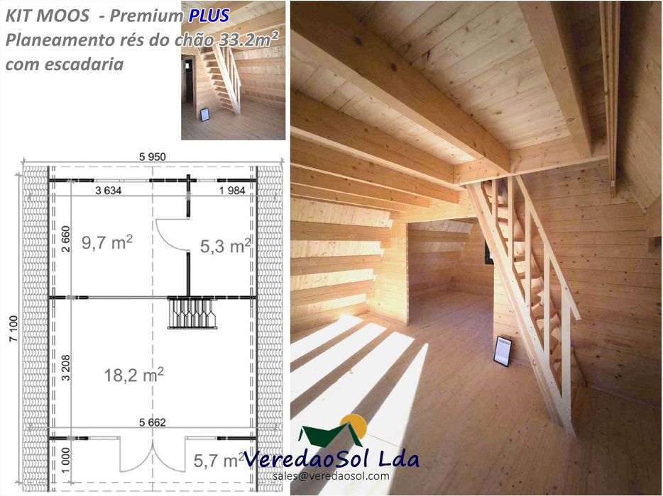 Casa madeira KIT MOOS T2 / Gizeh3 52m² - Telhado 97 m² - Pré fabricada