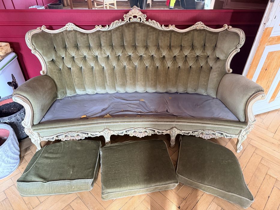 Komplet ecru ludwikowski zielony stylowy sofa Ludwik