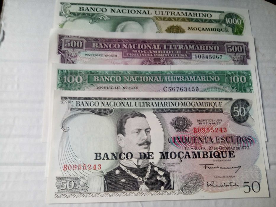 4 notas de Moçambique 50$,100$,500$ e 1000$ anos 1961/67/70/72