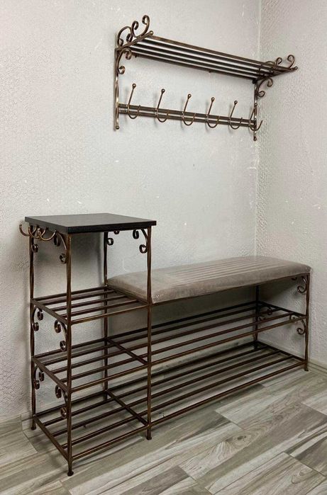 Полка для взуття, банкетка кована з мягким сидінням, вішак