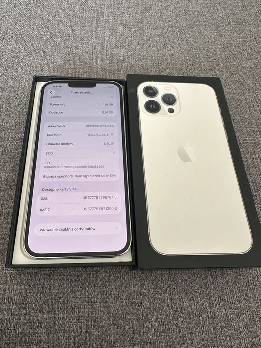 iPhone 13 Pro Max 128GB Silver – 100% Bateria, Idealny