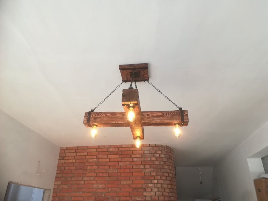 Drewniana lampa wisząca, żyrandol RETRO, postarzana belka, Vintage