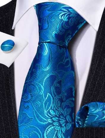 Nowy ZESTAW JEDWAB Krawat Poszetka Spinki NIEBIESKI turkus