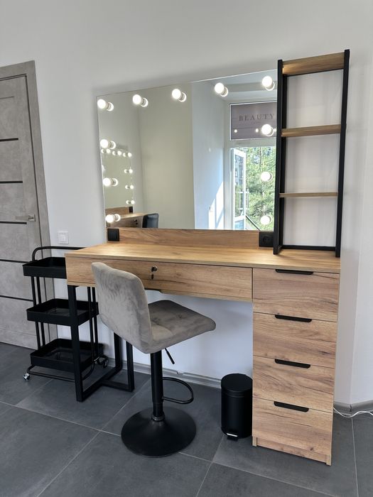 Гримерний стіл 1.4 метра метал полки та опора дуб крафт золото