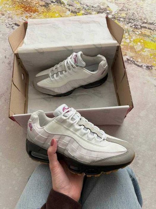 (БЕЗ ПЕРЕДОПЛАТИ) Nike Air Max 95 White Grey Black Gum найк ейр макс 95 білі сірі з чорною підошвою кросівки сітка