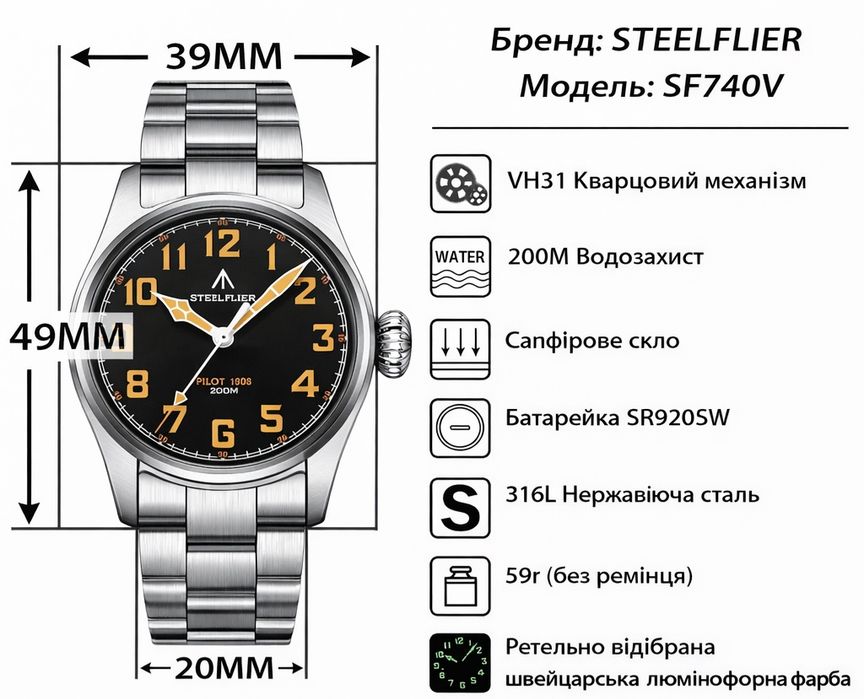Годинник Steelflier, сапфірове скло, 200 метрів водозахист