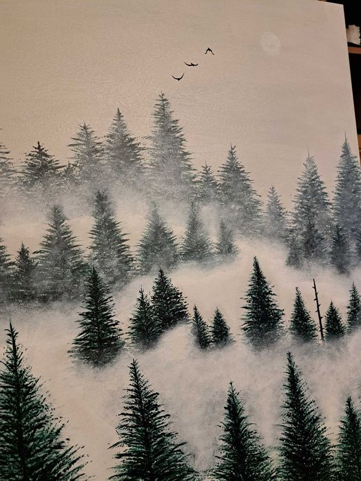 Obraz własnoręcznie malowany, las we mgle