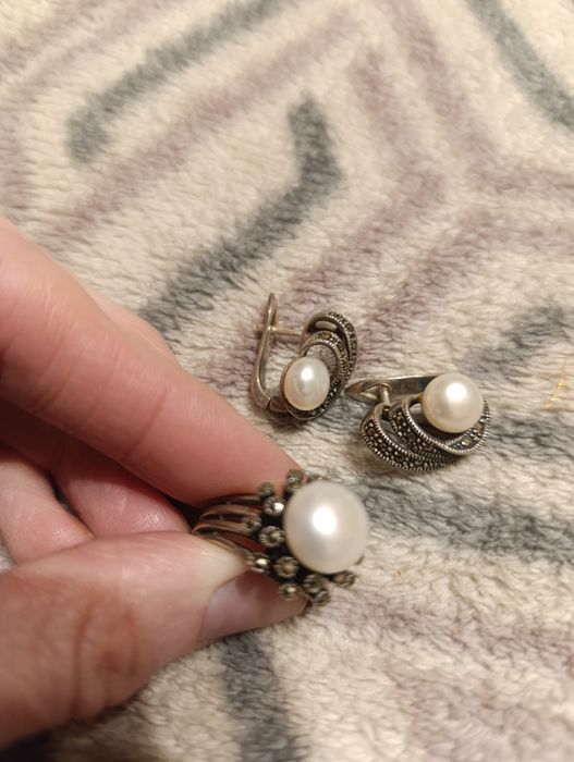 Срібний набір, сережки, каблучка розмір 17