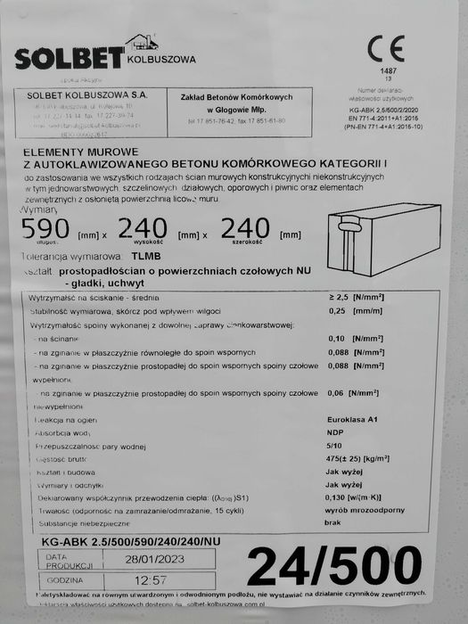 Pustak Bloczek Solbet 24cm Gazobeton Suporex Beton komórkowy