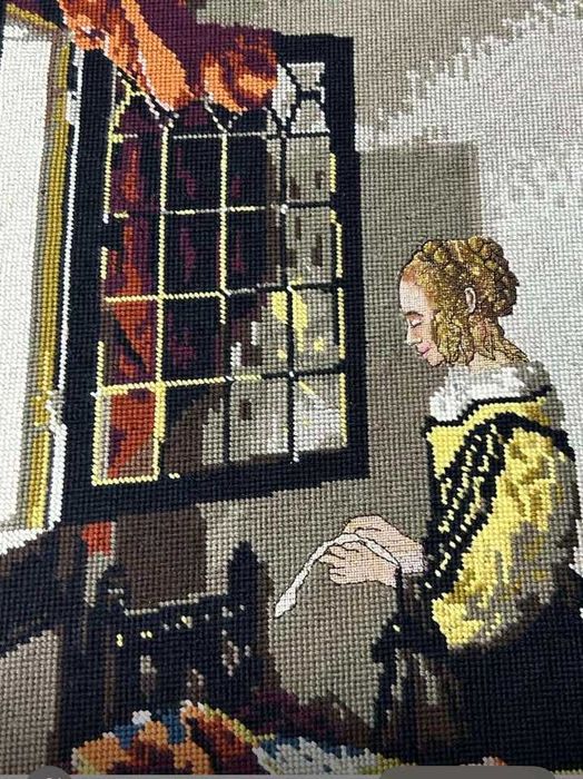 Tela bordada à mão. Reprodução da pintura de Johannes Vermeer