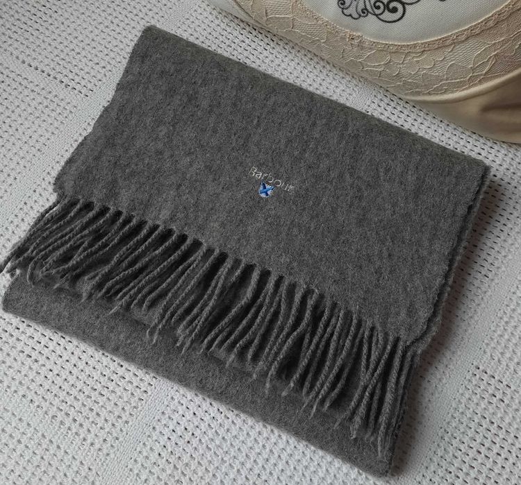 Barbour 100% Wełna szary szal frędzle wełniany męski damski Uniseks