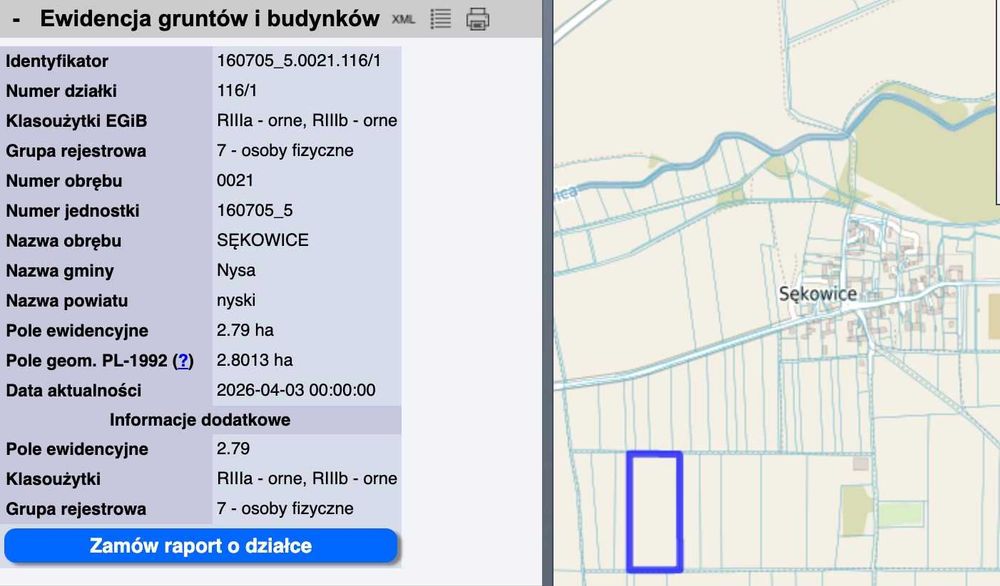 Gospodarstwo rolne w miejscowości Sękowice. Pole 6,15ha i działka z zabudowaniami (dom, stodoła, garaż) 2000m2
