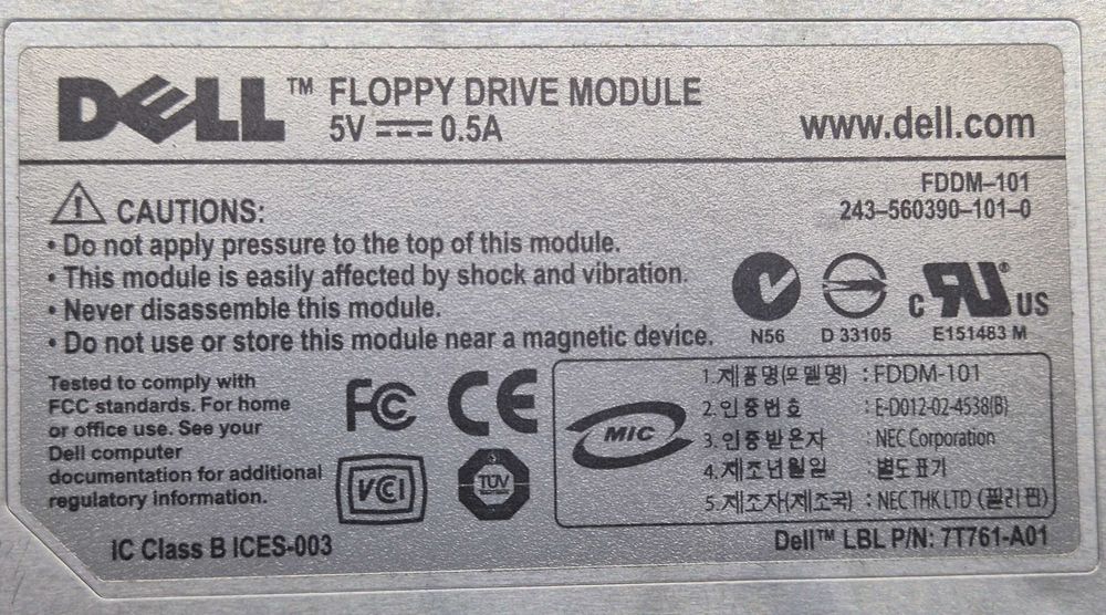 Drive de disquetes 1.44Mb 3½ portáteis Dell 2R152
