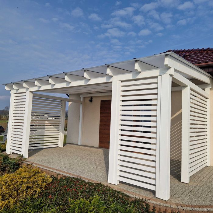 Zadaszenie tarasu, wiata postojowa, konstrukcja drewniana, pergola
