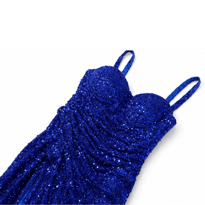 Sukienka wieczorowa cekinowa maxi niebieska rozcięcie M 38