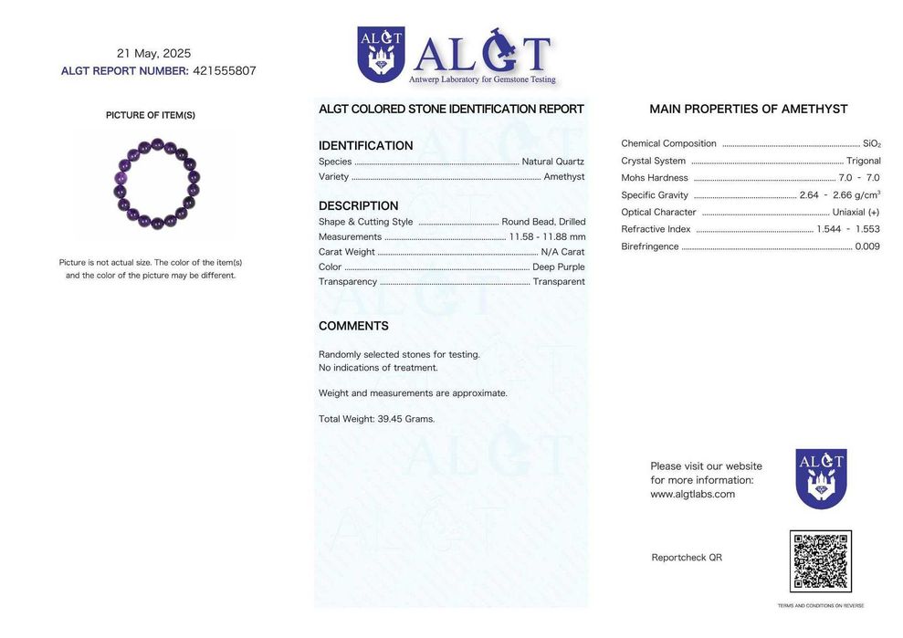 ALGT - Pulseira grande e exclusiva de ametista natural - 39.45 g