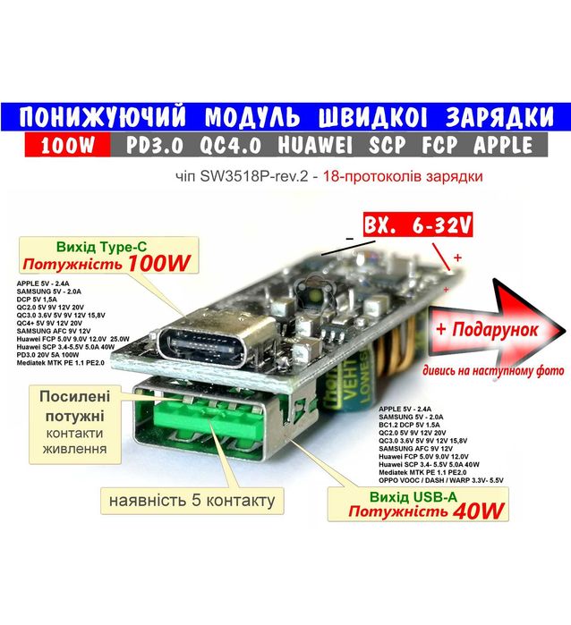100W плата зарядки SW3518P-rev.2 вх.6~32 швидка зарядка PD3.0