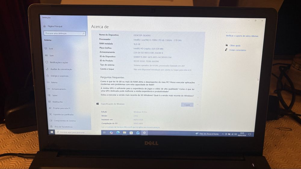 Portátil Dell Vostro 5568 i5 7ªGer 16GB RAM SSD (dobradica partida)