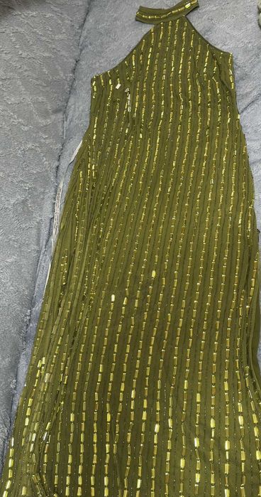 Warehouse Sukienka maxi oliwkowa kamienie galamour wesele S/M GRATIS