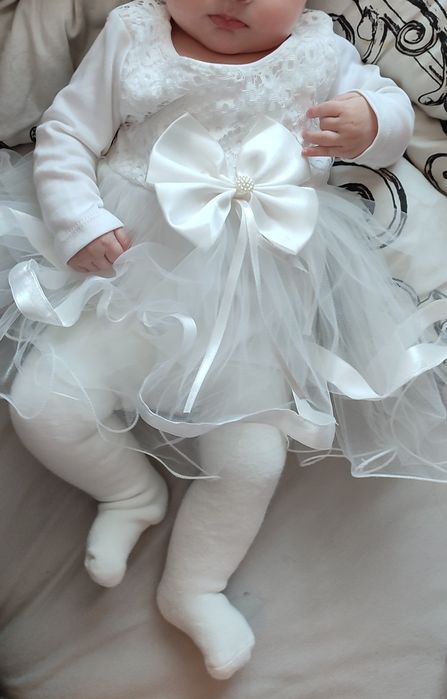 Ubranko sukienka chrzest chrzciny dziewczynki ecru turban 68 kokarda