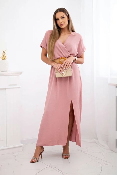 Elegancka Sukienka Maxi z Paskiem Pudrowy Róż Długa Rozcięcie S/M/L