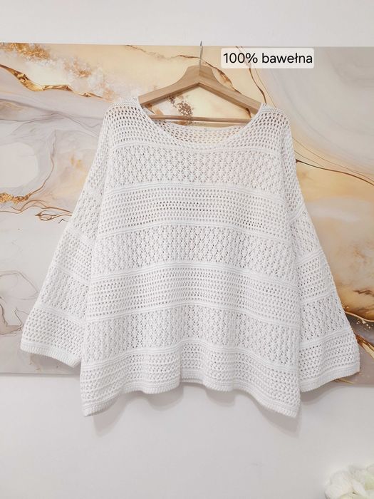 Sweter Damski Ażurowy Biały Bawełniany Narzutka