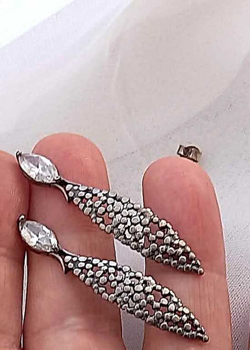 Piękne kolczyki srebrne kryształ górski ażurowe antyk