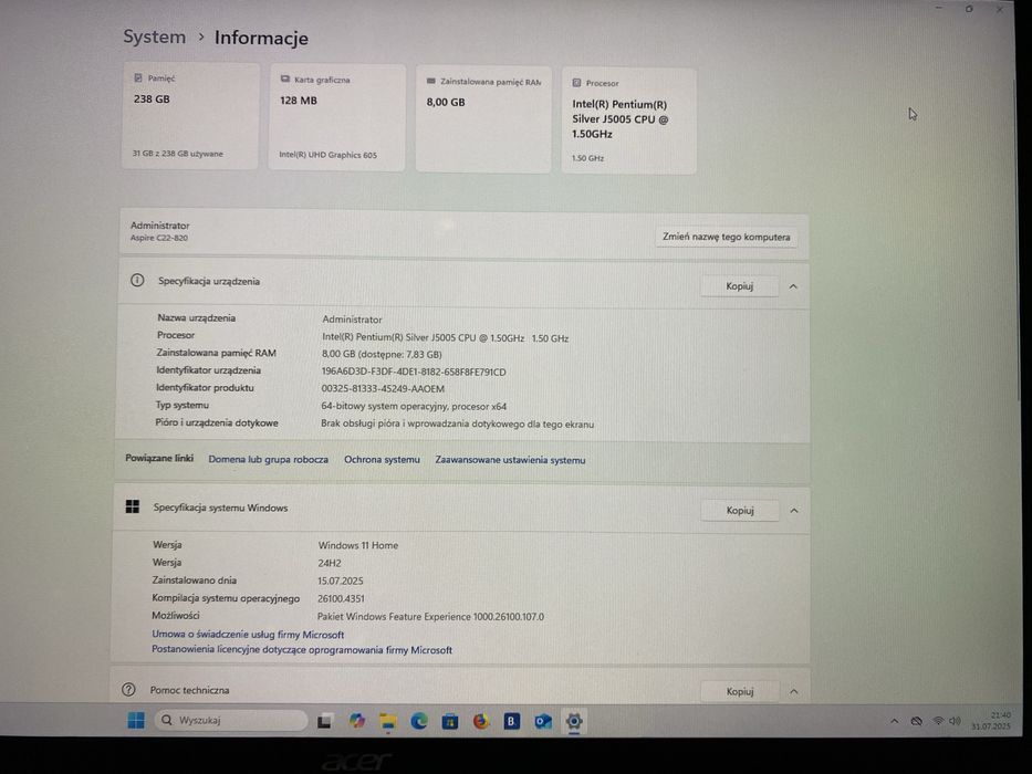 Komputer All in One 21.5” ACER Aspire