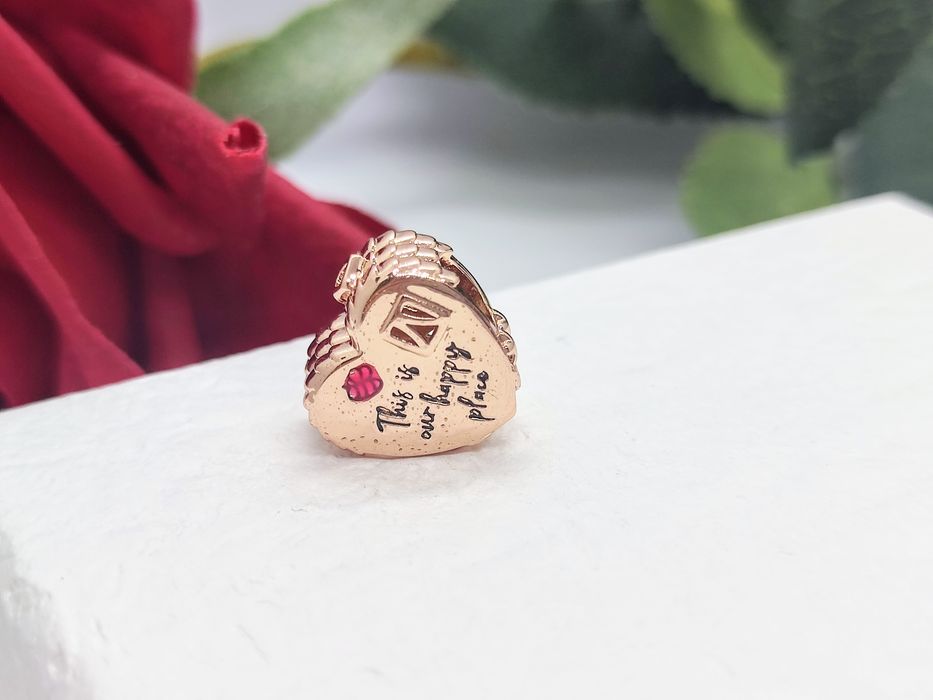 Charm's szczęśliwe serce domu dwustronny S925 rose gold