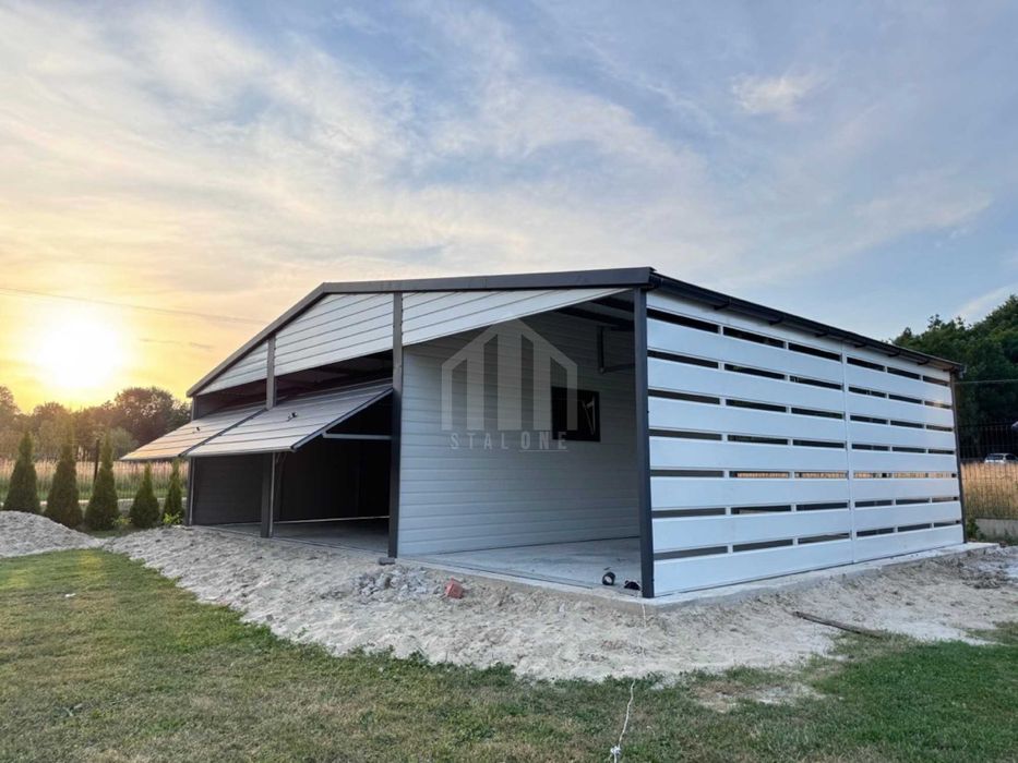 Garaż blaszany 6x5m + wiata 3m - 2x brama okno biały dach rynny SO131