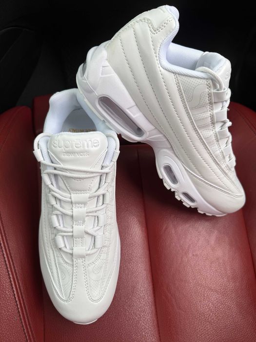 (БЕЗ ПЕРЕДОПЛАТИ) Nike Air Max 95 x Supreme All White найк аїр макс 95 супрім білі шкіряні