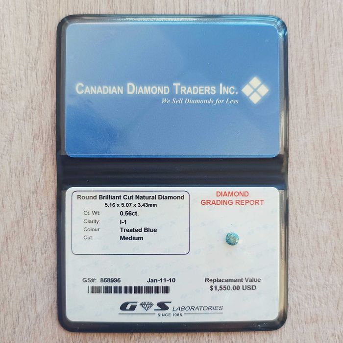 Синий голубой бриллиант для кольца 0,56 карат, ø5,16 мм с Сертификатом