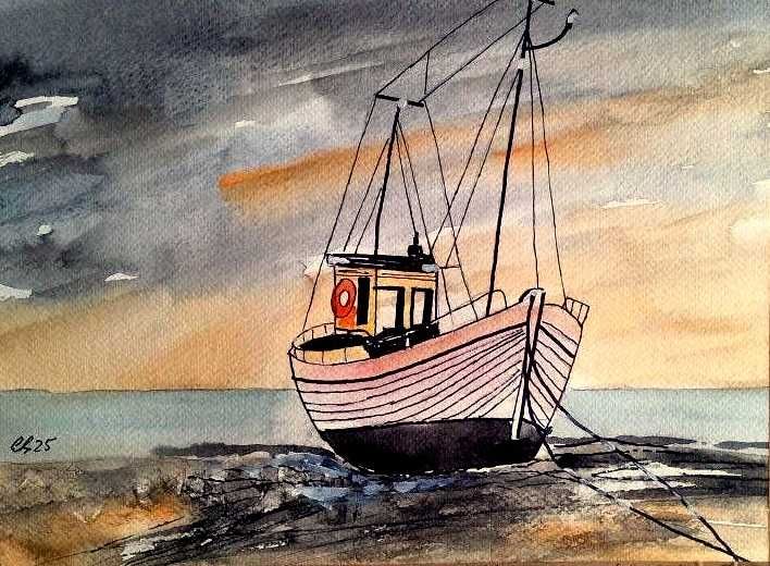 Aguarela pintada a mão " Barco na maré vaza"