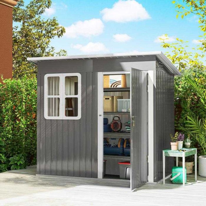 Abrigo de Jardim Metálico – 221x133x190 cm | Com Janela e Fechadura