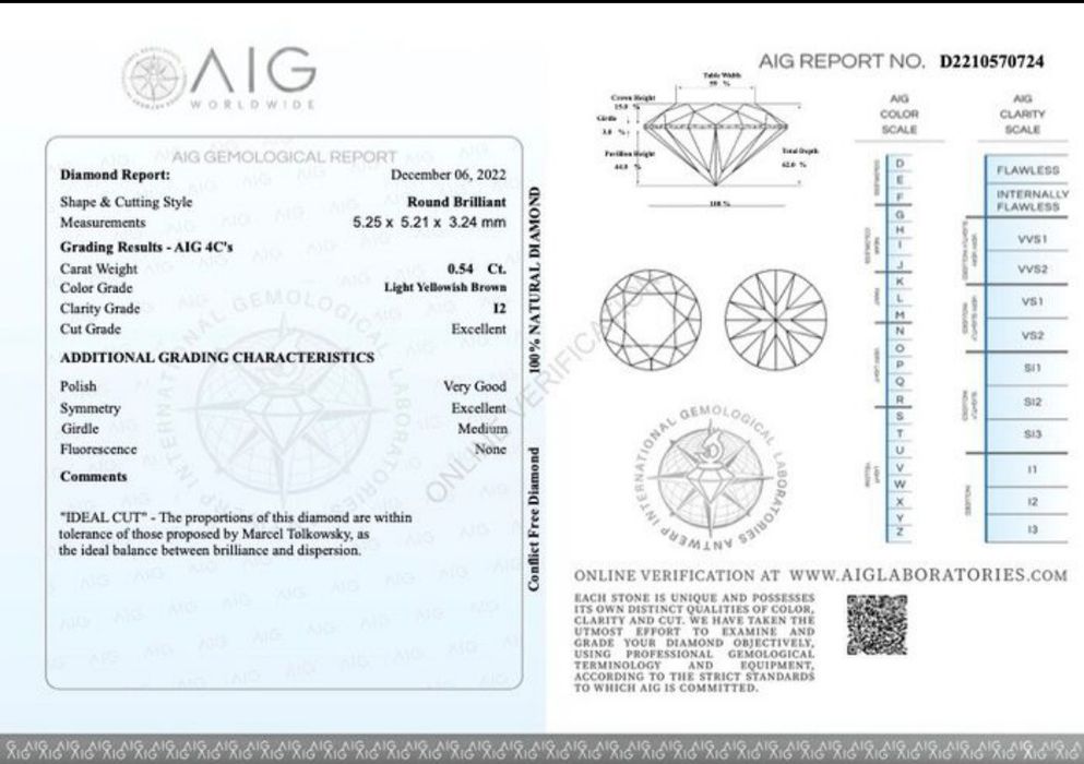 Naturalny Diament, brylant 0,54 ct, z certyfikatem autentyczności.