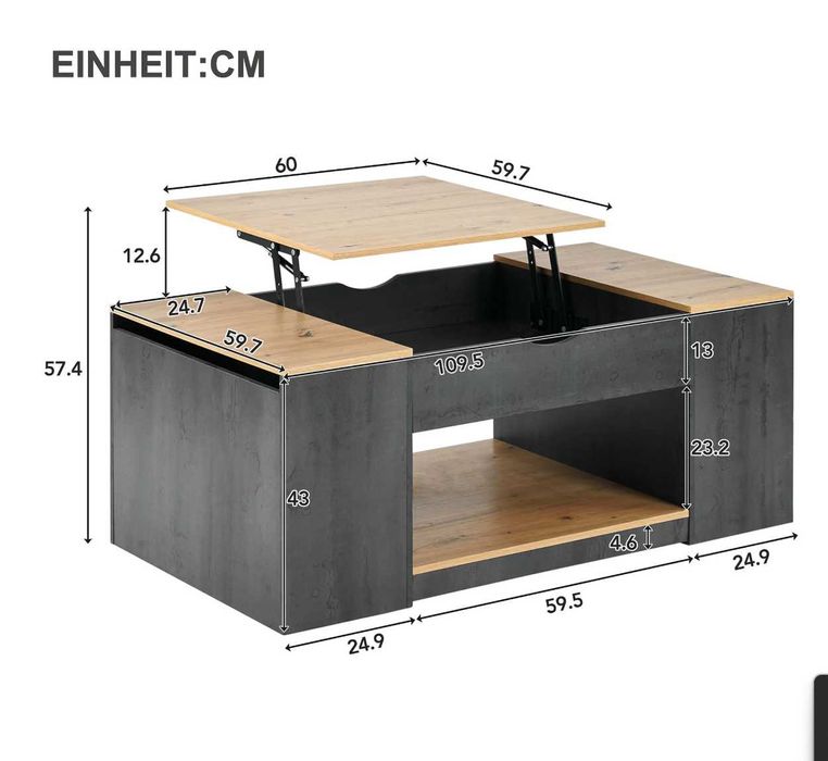 Mesa de centro multifunções com tampo elevatório — nova e embalada