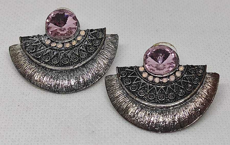 Brincos Prateados - Pedra Cor de Rosa - Estilo Grego