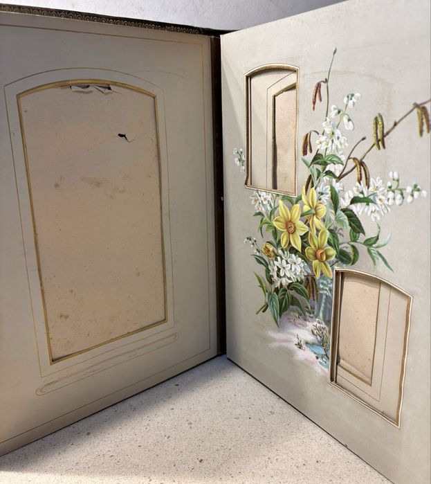 Lindo antigo album de fotografias Arte Nova em couro embossado e decorado com páginas parcialmente com motivos florais