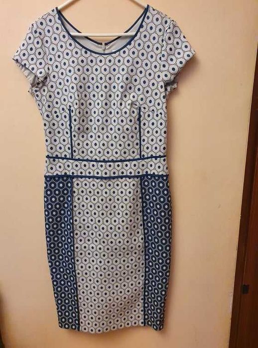 sukienka Salko 38 w kropki granat i beż elegancka wizytowa wesele