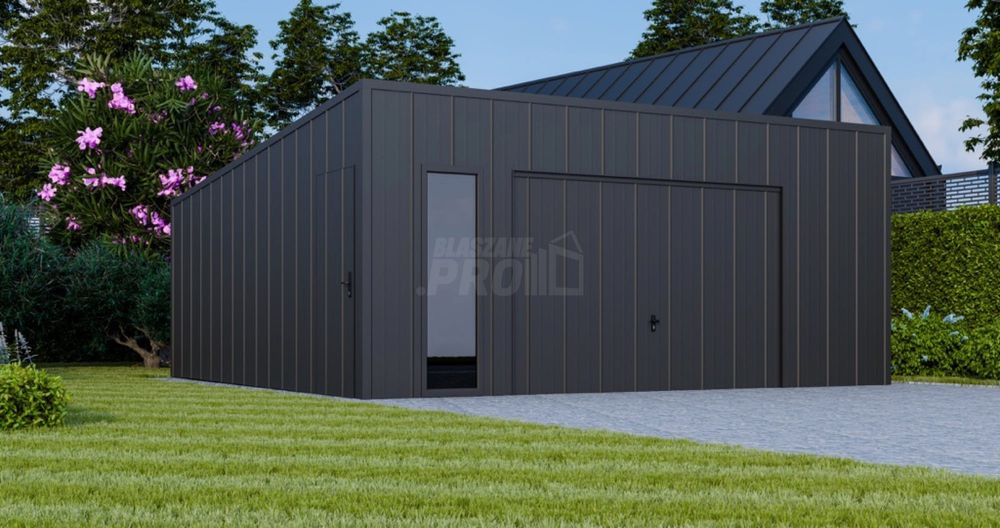 Garaż blaszany 6x6  brama uchylna blacha na rąbek  spad w tył GP644