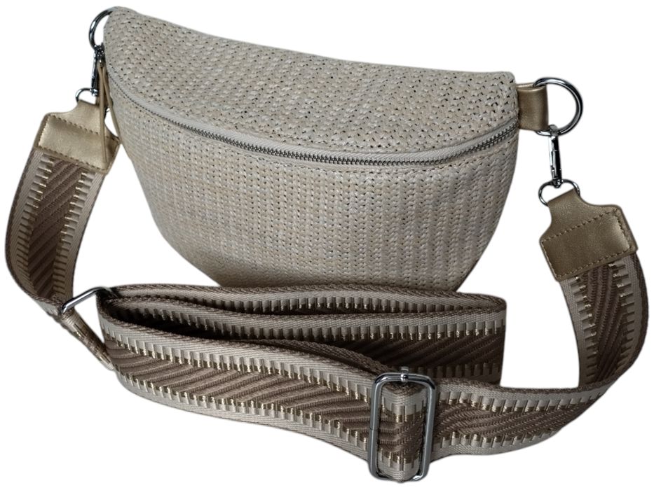Beżowa Saszetka Damska z Wikliny na Ramię - Torebka Miejska 2 Paski