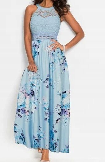 B.P.C długa sukienka w kwiaty z koronką niebieska ^48