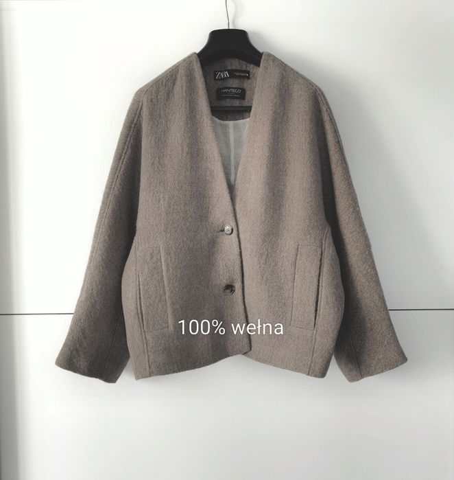 Kurtka Zara Manteco 38 M brązowa taupe wełniana krótki płaszcz